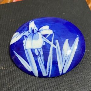 Blue and White Floral Ceramic Art Brooch